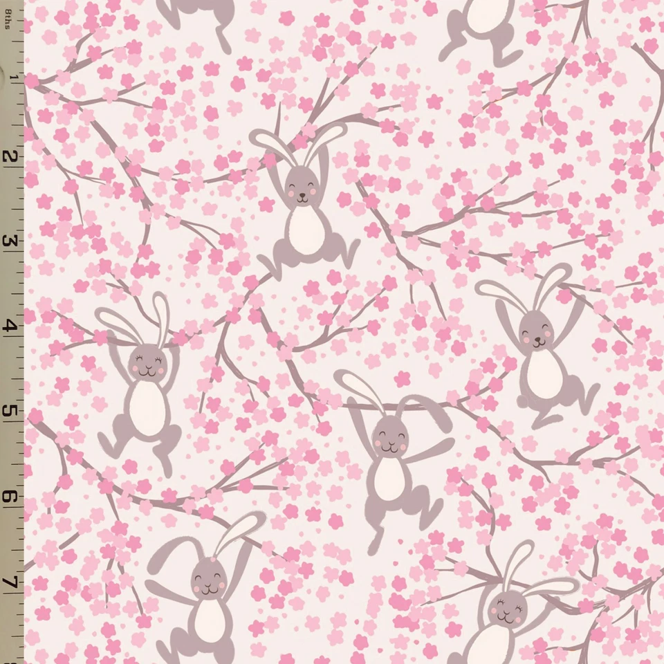 Swinging Bunny Cream Pink Cotton Fabric Lewis & Irene Easter Rabbit Hare Cherry  - Image 1 of 2