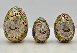Cloisonne Eggs Lot 3 sizes in same Gold Floral pattern. Hole In Bottom. Vintage - Picture 1 of 11