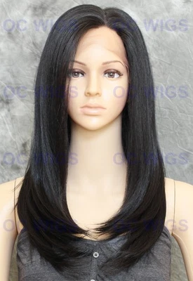 Длинный прямой тепловой OK кружевной передний/верхний парик из смеси человеческих волос смоляной черный EVEK - Изображение 1 из 4