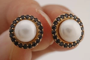 Turkish Handmade Jewelry Big Pearl White Black 925 Sterling Silver Earring - Picture 1 of 10