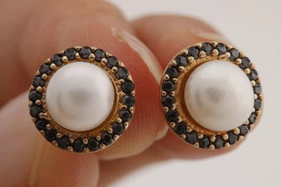 Turkish Handmade Jewelry Big Pearl White Black 925 Sterling Silver Earring - Image 1 of 4
