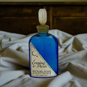 Botella de perfume vacía vintage Evening In Paris Bourjois NY de la década de 1940 RARA tamaño .44 oz - Imagen 1 de 3