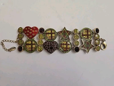 Vtg PILGRIM ENAMELED GOLDTONE BRACELET WITH RHINESTONES HEART STAR Colorful  - Image 1 of 4