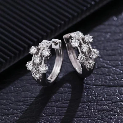 Женские серьги-кольца круглой огранки с лабораторными бриллиантами покрытие белым золотом 14 карат 1 карат - Изображение 1 из 4