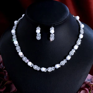 Blatt Tropfen Perle Zirkonia Rund Halsreif Halskette Ohrringe Luxus Schmuck Set - Bild 1 von 8