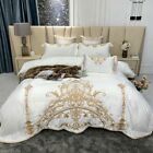 Luxury Champagne Silk Cotton Embroidery 4Pcs Bedding Set Cover Fitted Sheet