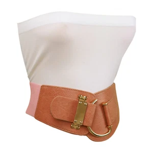 Women Pastel Pink Salmon Color Wide Elastic Belt Hip Waist Gold Hook Buckle S M - Picture 1 of 10