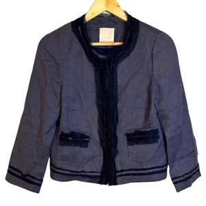 Rebecca Taylor Blue Linen Twill Silk Trim & Chain Detail Blazer Jacket Size 8 - Picture 1 of 10