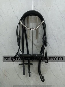 leather horse English black bridle crystal browband patent noseband & reins COB - Picture 1 of 3