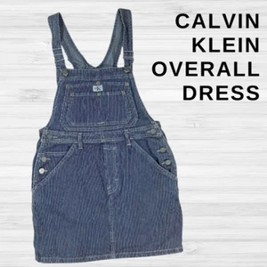 Vintage Girls LARGE Calvin Klein Denim -Blue and White Stripe Jean Overall Dress - Picture 1 of 9
