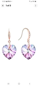 EARRINGS - WOMEN'S ZIRCON PINK HEART & DIAMONDS GOLD PLATED HOOK EARRINGS - Picture 1 of 3