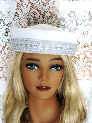 Vintage Ladies White Polyproplene Hat With Silver Brocade Trim - Image 1 of 4