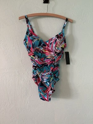 Traje de baño de una pieza con cuello en V fruncido UPF 50 verde aguamarina para mujer Foto 1 de 3