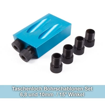 Taschenloch Bohrschablone Bohrvorrichtung Set 6 / 8 /10mm 15° Bohrführung Bohrer - Bild 1 von 3