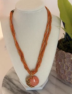 Boho Orange Moon & Rhinestone Peacock Pendant Glass Bead Twist Woven Necklace - Picture 1 of 9