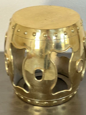 VTG Hollywood Regency Polished Brass Asian Drum Chinoiserie Garden Stool Table - Image 1 of 4