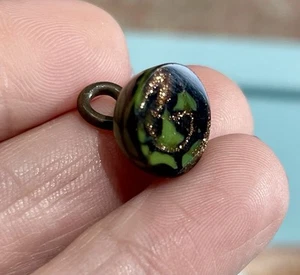 VTG Antique Victorian Art Glass Buttons Green Black Gold Swirls Wire Shank E26 - Picture 1 of 3