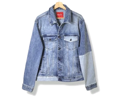 GUESS Men’s Denim Jacket L Patchwork Two-Tone Contrast Panel Blue Streetwear - Image 1 of 4