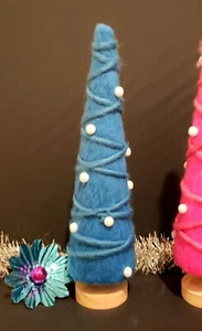 Retro Style Blue Yarn Christmas Tree Decorated In White w/ A Wood Base - Picture 1 of 2