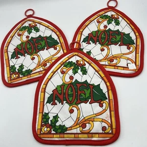 Vintage 1970s Christmas Potholder Lot Noel Stained Glass Set of 3 Trivet - Picture 1 of 5