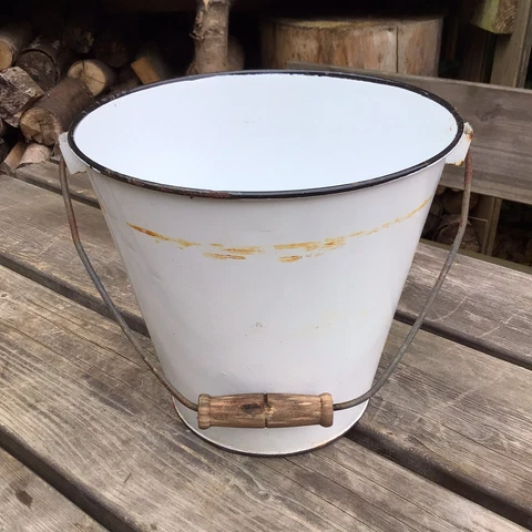 Old Vintage White Enamel Small Planter Bucket Paint Brush Holder Swing Handle Cover