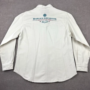 Vintage Harley Davidson Denim Shirt Women's Large Off-White Embroidered Western - Picture 1 of 15