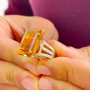 14K Yellow Gold Cushion Yellow Citrine Round Cut Diamond Ring Split Band 10.70ct - Picture 1 of 12