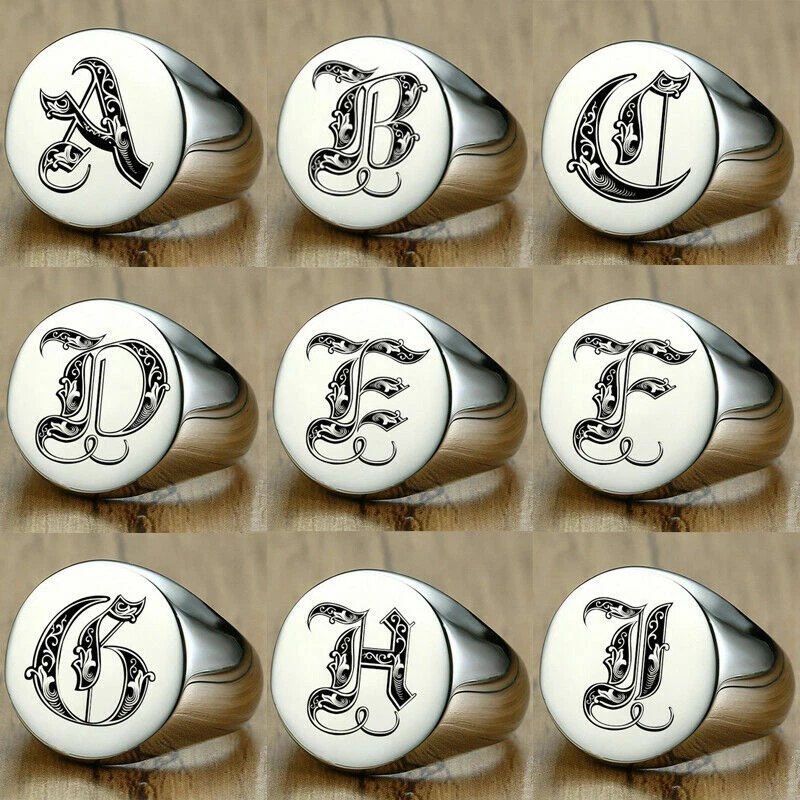 Men Signet Ring Silver Initials Royal Initialen Letters Personalized Engraving - Image 1 of 4