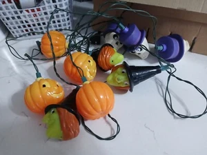Vintage Set Of 10 Halloween Novelty Blow Mold Light Set Witch Pumpkin Skull - Picture 1 of 11