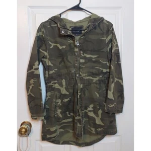 Miss Selfie Green Camo Canvas Military Jacket Cinch Waist Hooded Grunge Size 16 - Picture 1 of 13