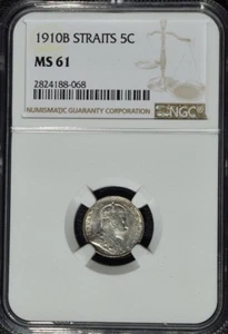 1910 B Straits Settlements 5 Cents, NGC MS 61, Malaysia - Picture 1 of 3
