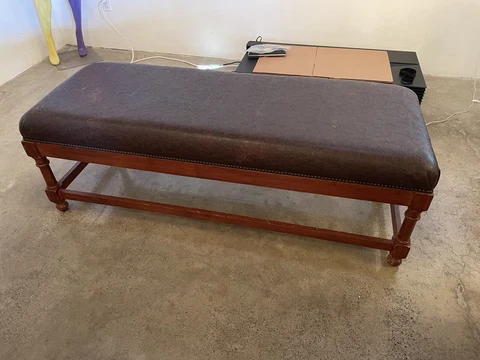 Gorgeous Wooden Bench with Real Leather, Vintage, Antique, Very Nice! Cover