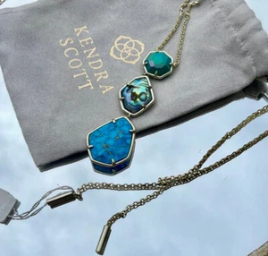 NWT Kendra Scott Blue Drusy Gold Nina Long Pendant Necklace Gorgeous Chic! - Picture 1 of 6