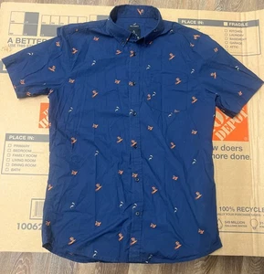 prAna Mens Button Down Shirt Med Tall Blue AOP Trees Surfboard Short Sleeve - Picture 1 of 6
