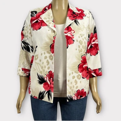 Blazer Traje Chaqueta Alfred Dunner 1X PLUS Rojo Crema Estampado Floral Frente Abierto Foto 1 de 4