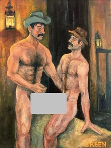 Gay Male Erotic Art Original Oil Painting Man Hand Painted Cowboys - Picture 1 of 11