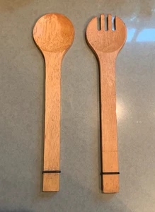Pair MCM Wooden Serving Utensils THAILAND Large Wood Fork Spoon Salad Set 12" - Picture 1 of 5