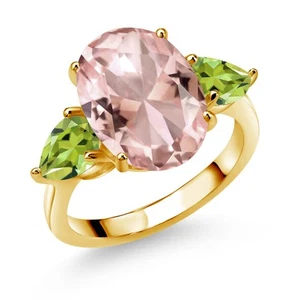 18K Yellow Gold Plated Silver Peach Nano Morganite and Peridot Ring For Women - Picture 1 of 3