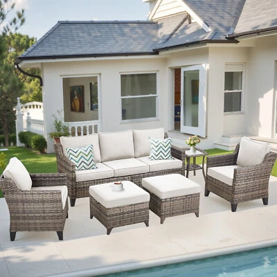 Juego de 6 piezas de muebles de patio sofá seccional de exterior sofá de mimbre de ratán con mesa Foto 1 de 4