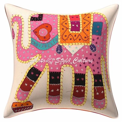 Mirror Embroidery Cushion Cover Indian Elephant Cushion Cover Home Decor 16x16" - Image 1 of 4
