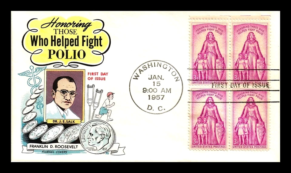 1087 3c Stamp (1957) NATIONAL FOUNDATION FOR INFANTILE PARALYSIS FDC BY FLUEGEL - Image 1 of 1