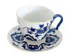 Bombay Teacup Rosebud Blue and White Teacup and Saucer Set Blue White Gold Trim