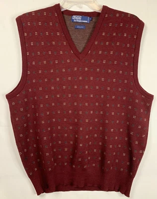 Polo by Ralph Lauren Knit Vest V-Neck Sz L Burgundy Geometric Academia Golf - Image 1 of 4