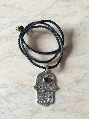 Antico Ciondolo Artigianale Argento 925 Mano Di Fatima e Onice Sfaccettata BALI - Immagine 1 di 4