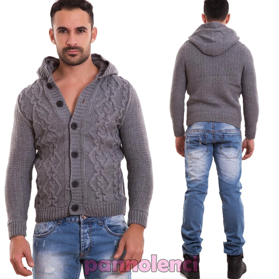 Cardigan Hombre Suéter Pullover Acolchado De Piel Con Capucha Nuevo BB025 - Imagen 1 de 1