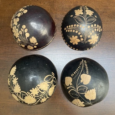 whimsical Floral FOLK ART hand crafted SGRAFFITO technique 4 COCONUT BOWLS - Image 1 of 4