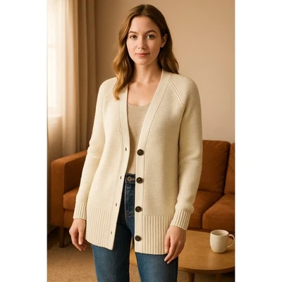 Gap Women’s Open Front Long Cardigan Sweater Cream Small Wool Blend Rib Knit - Image 1 of 4