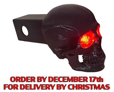 Black Skull Hitch Plug with LED Eyes Fits 2” Receiver, W/Brake Light Wired Plug - Image 1 of 4