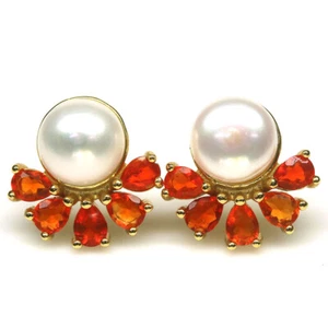 Gema 8Mm. Perla Blanca & Naranja Ópalo de Fuego Pendientes 925 Plateado 18K Oro - Imagen 1 de 4