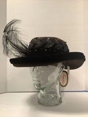 NUEVO CON ETIQUETAS ~ Sandra, NY ala ancha con cuentas, lana terciopelo negro/marrón sombrero de plumas Foto 1 de 4